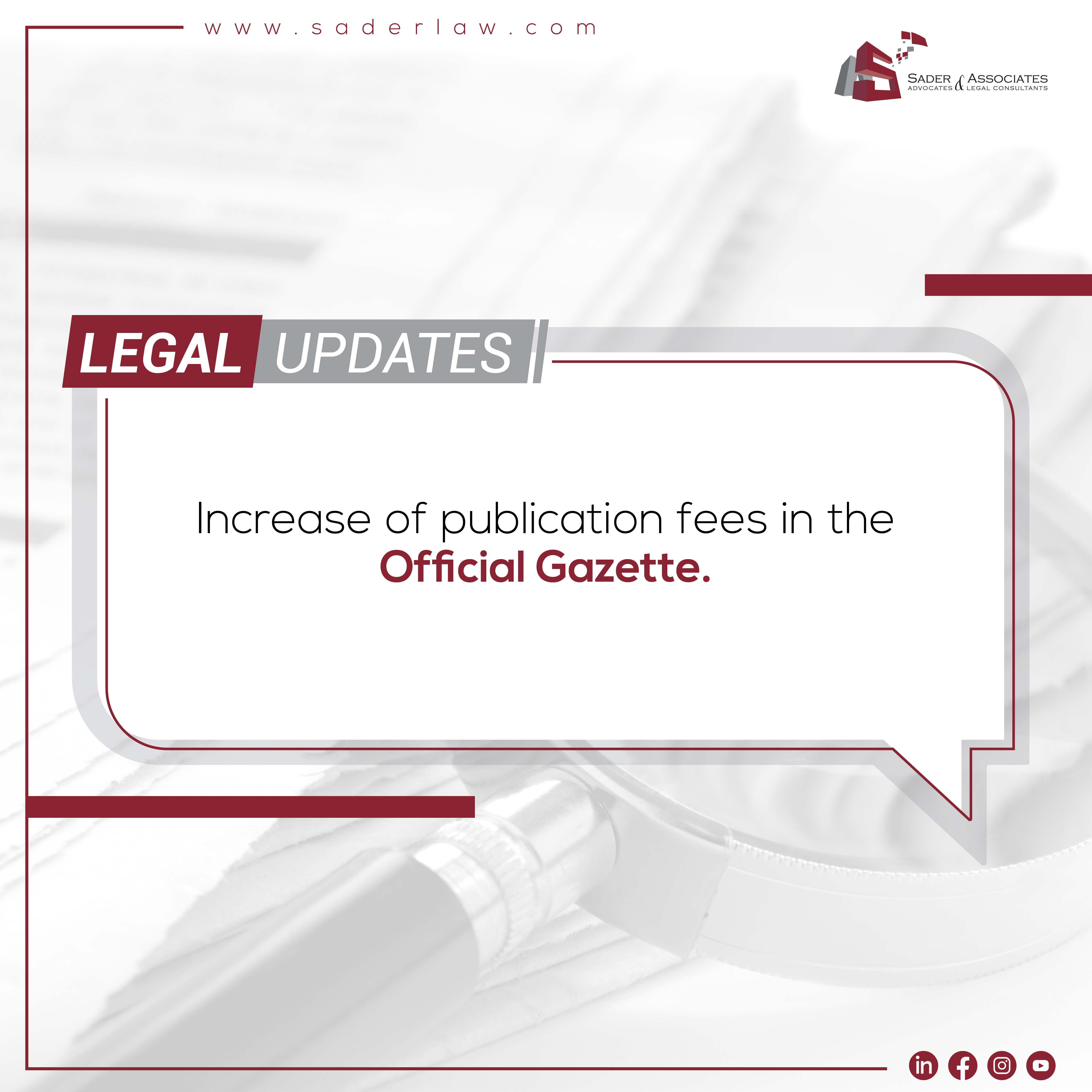 Increase Of Publication fees in the Official Gazette